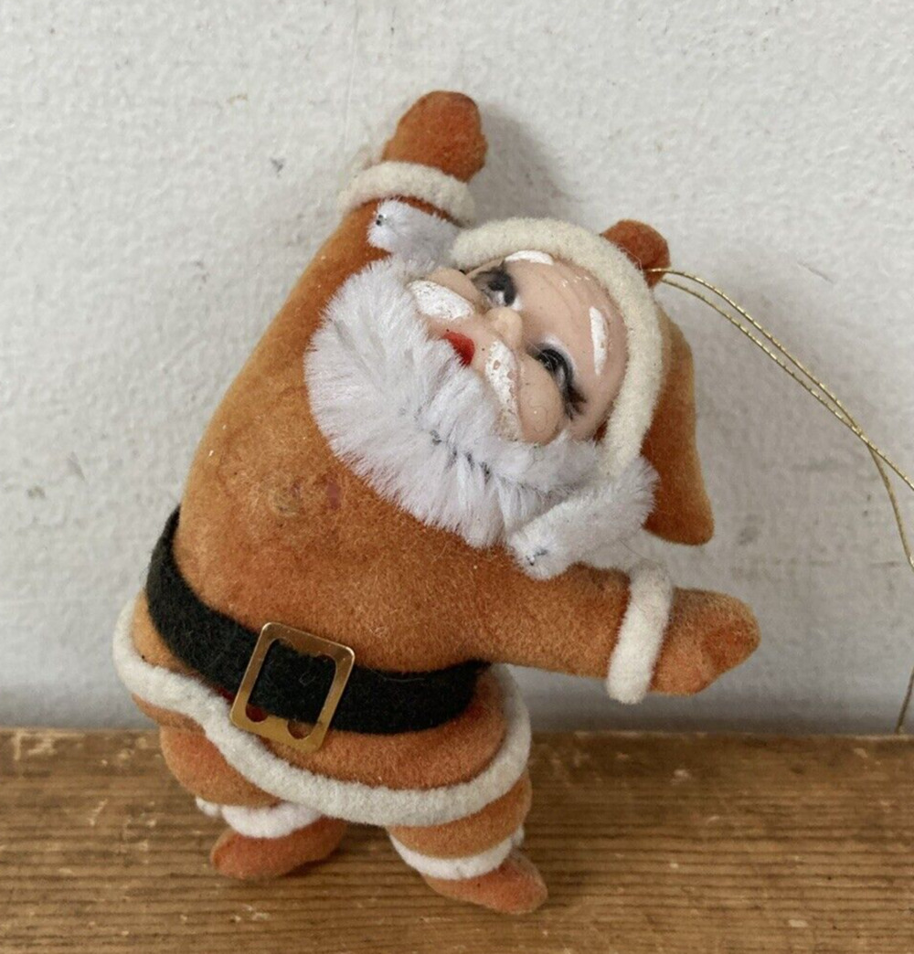 Vtg Mid Century 1950s Flocked Velvet Velour Dancing Santa Christmas Ornament 3"